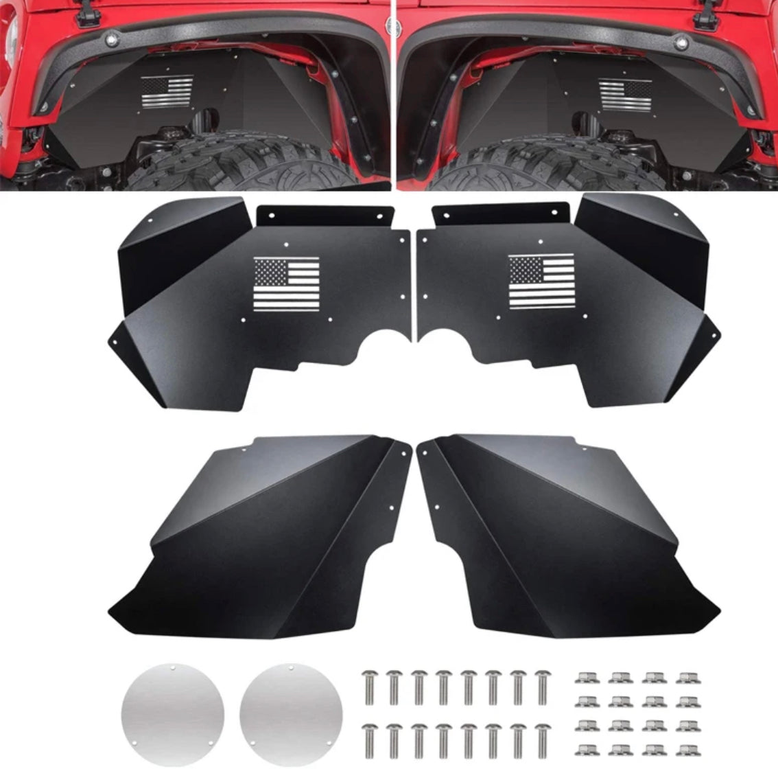 Doublures de garde-boue intérieures avant pour Jeep Wrangler, protections contre les éclaboussures en aluminium noir léger, logo US Feel, JK, JKU, version 2007-2018