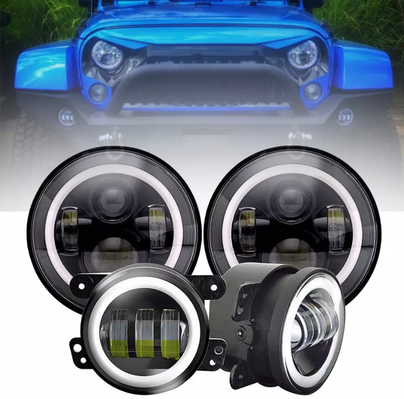 Pack phares led halo angel eyes + anti brouillards jeep wrangler Jk