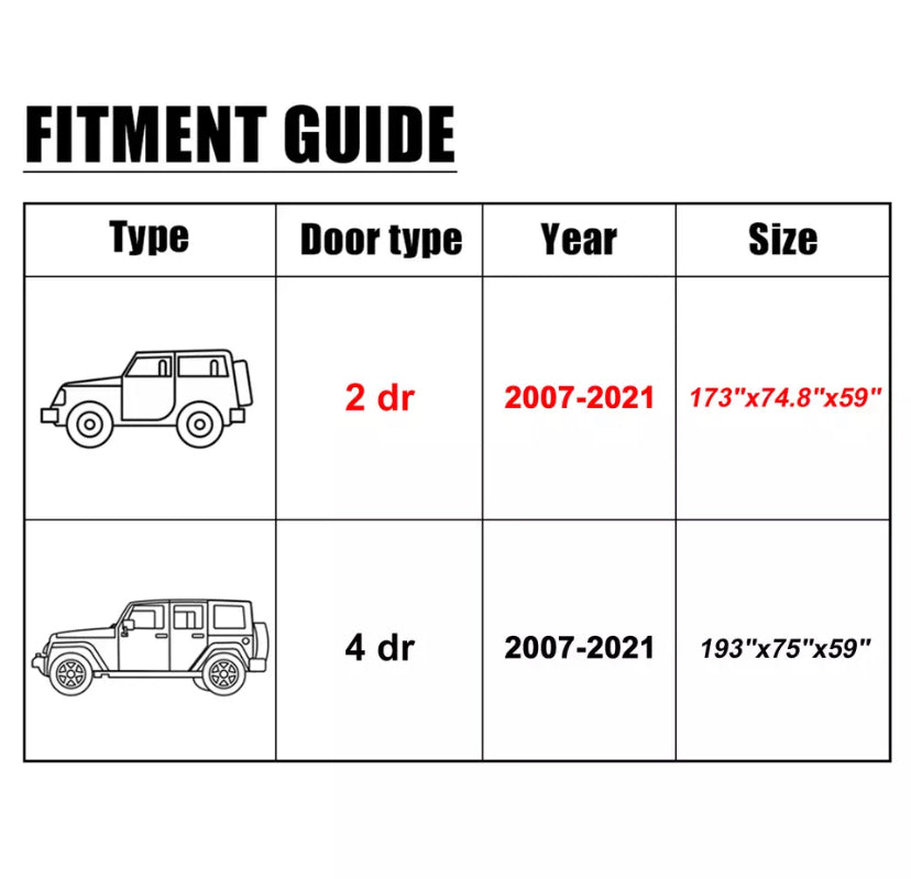 Housse de voiture pour Jeep Wrangler, JK 2 portes, 2007-2017, JL 2 portes, 4 portes, 2018-2021, SUV extérieur étanche, couverture complète